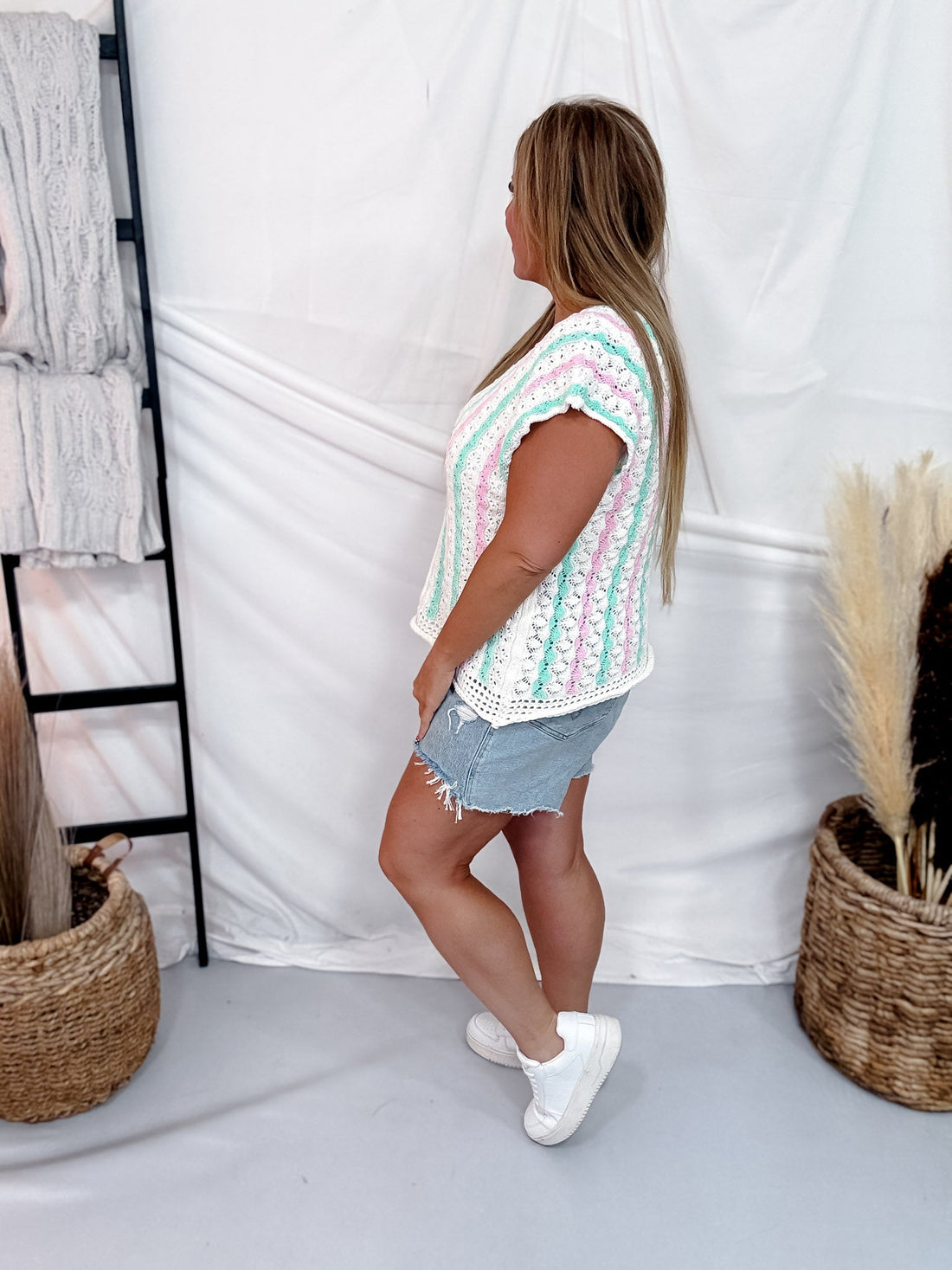 Mint & Pink Striped Crochet Top With Scalloped V-Neckline - Whiskey Skies - BIBI
