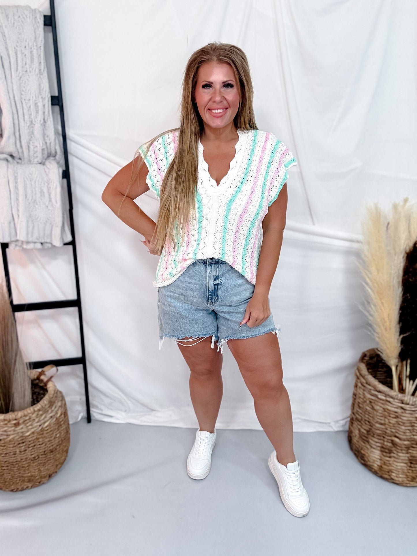 Mint & Pink Striped Crochet Top With Scalloped V-Neckline - Whiskey Skies - BIBI