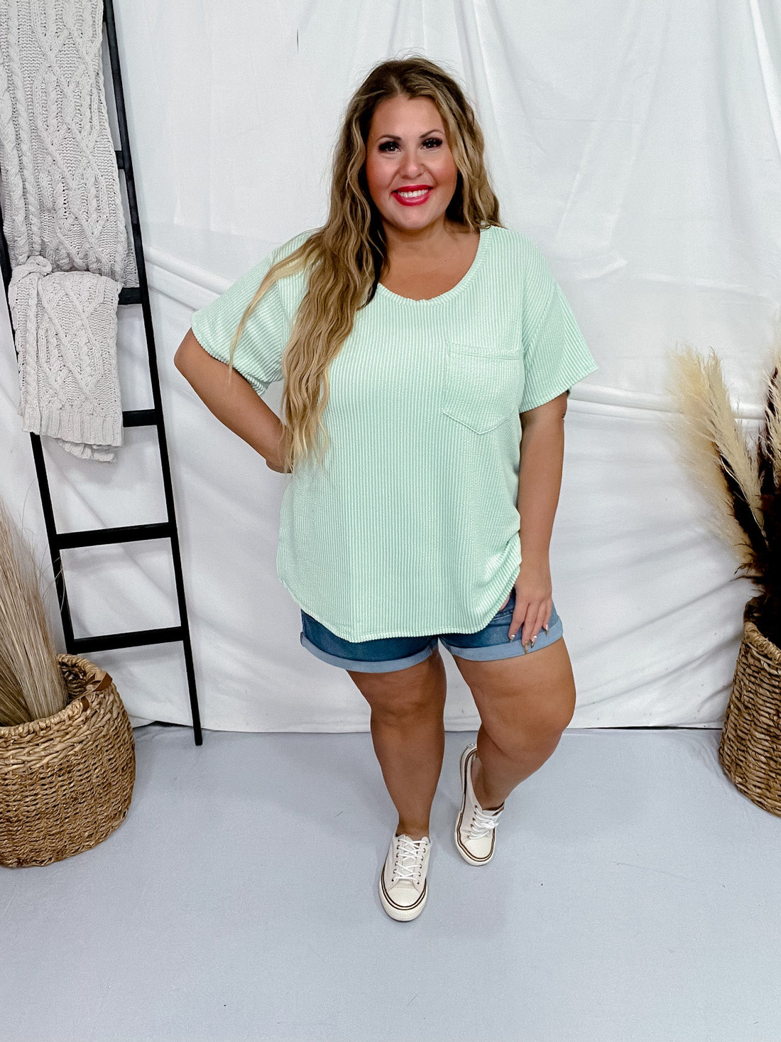 Mint Ribbed Short Sleeve Tunic Top - Whiskey Skies - ANDREE BY UNIT