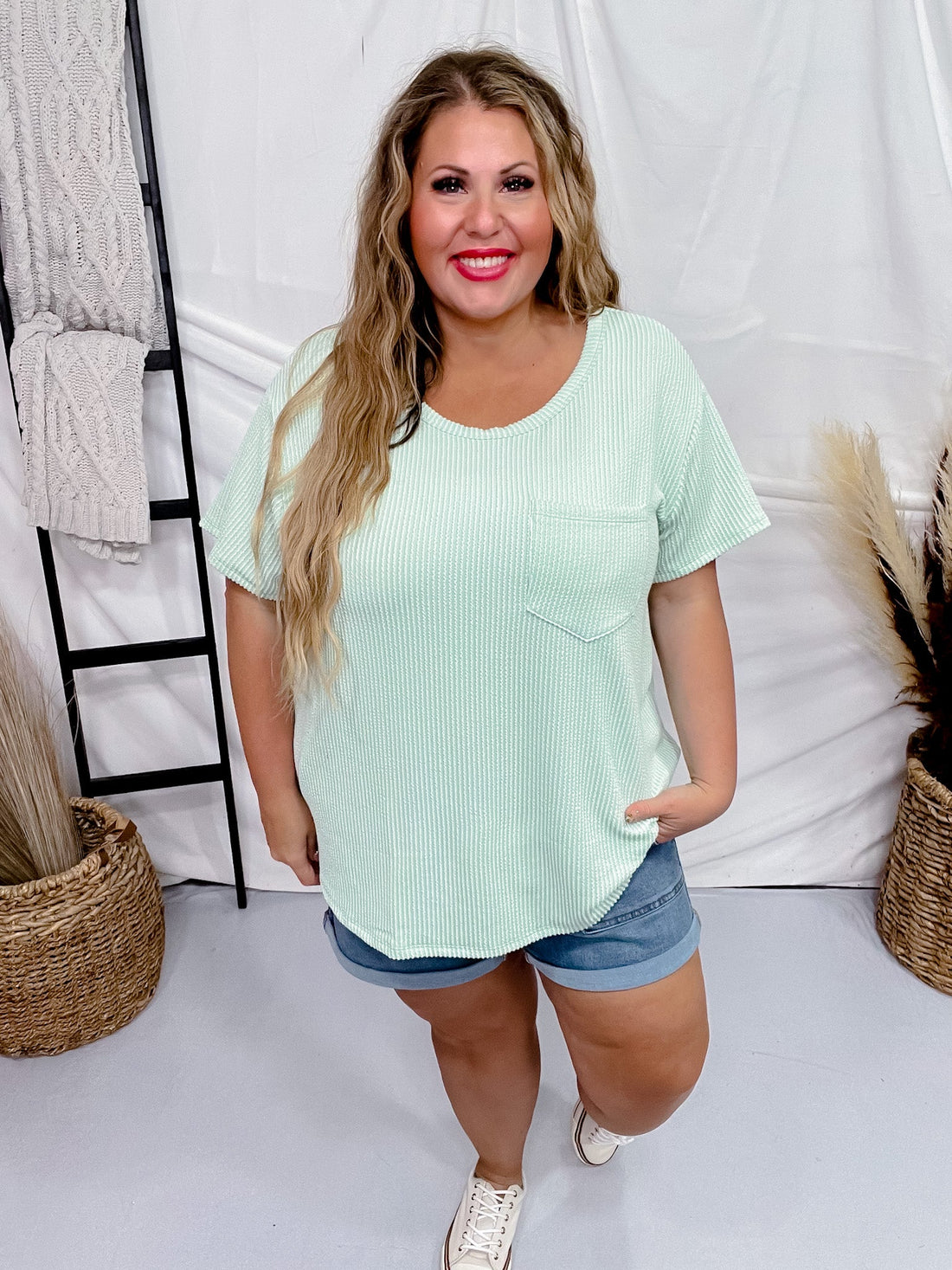Mint Ribbed Short Sleeve Tunic Top - Whiskey Skies - ANDREE BY UNIT