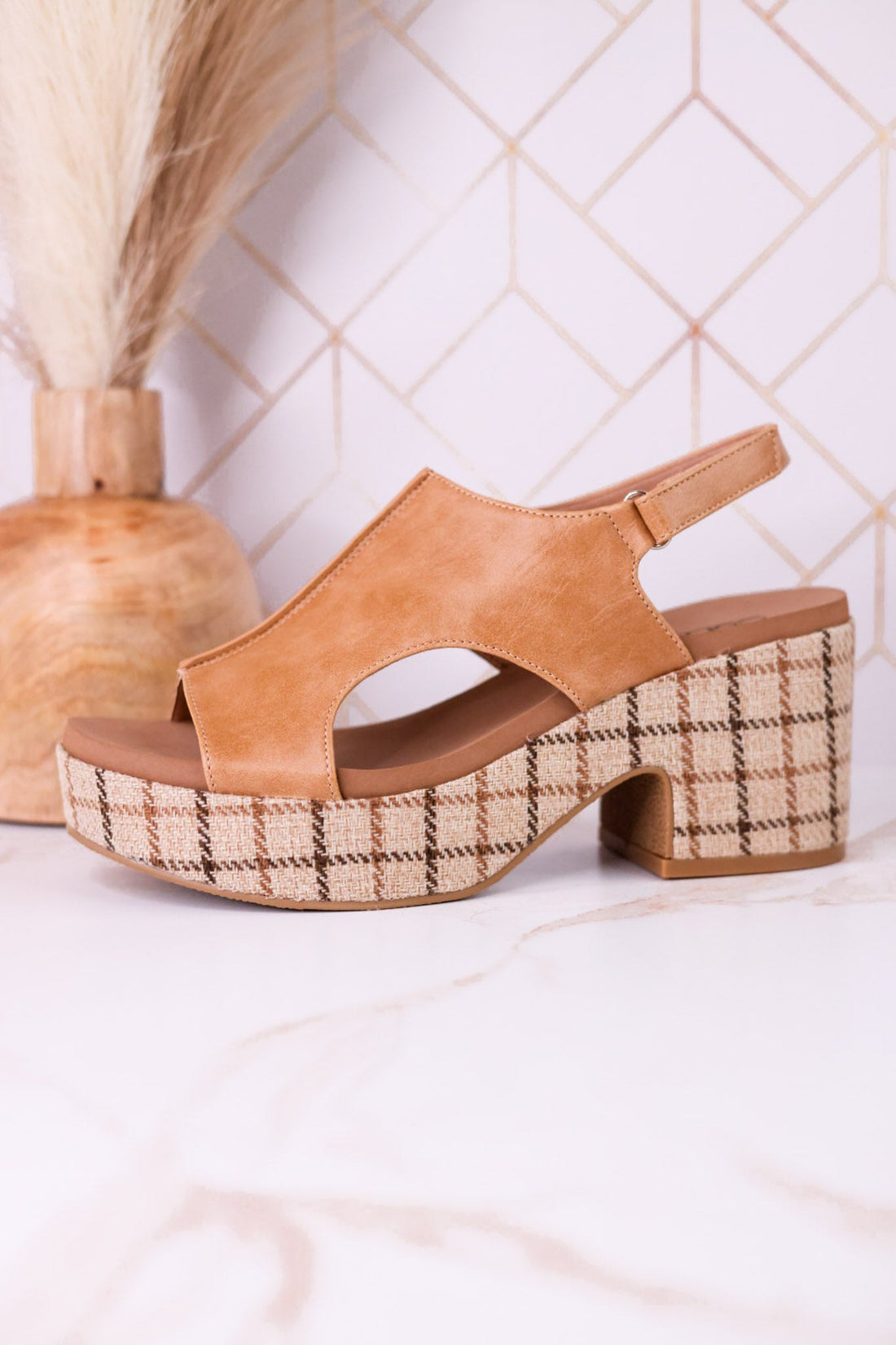 "Miss Carley" Caramel Combo Wedges - Whiskey Skies - CORKYS FOOTWEAR