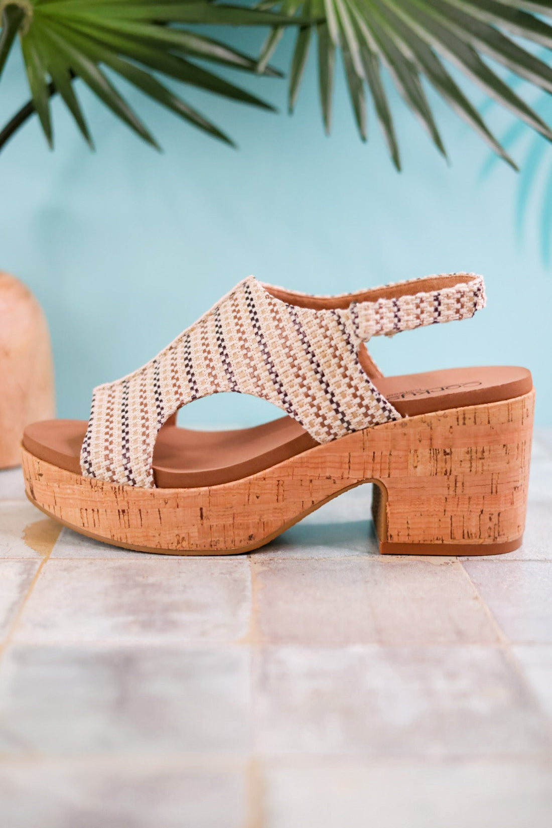 Miss Carley Tan Striped Platform Sandals - Whiskey Skies - CORKYS FOOTWEAR