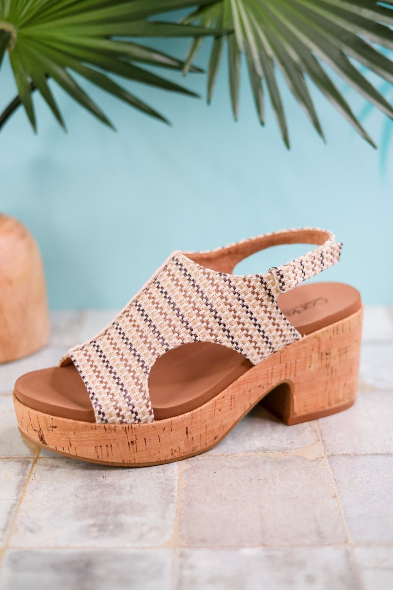 Miss Carley Tan Striped Platform Sandals - Whiskey Skies - CORKYS FOOTWEAR