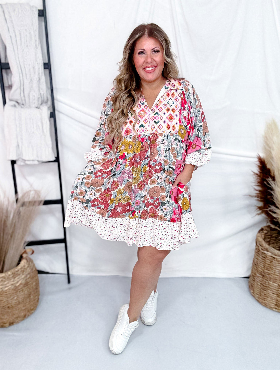 Mix And Match Floral Print Bubble Sleeve Dress - Whiskey Skies - BIBI