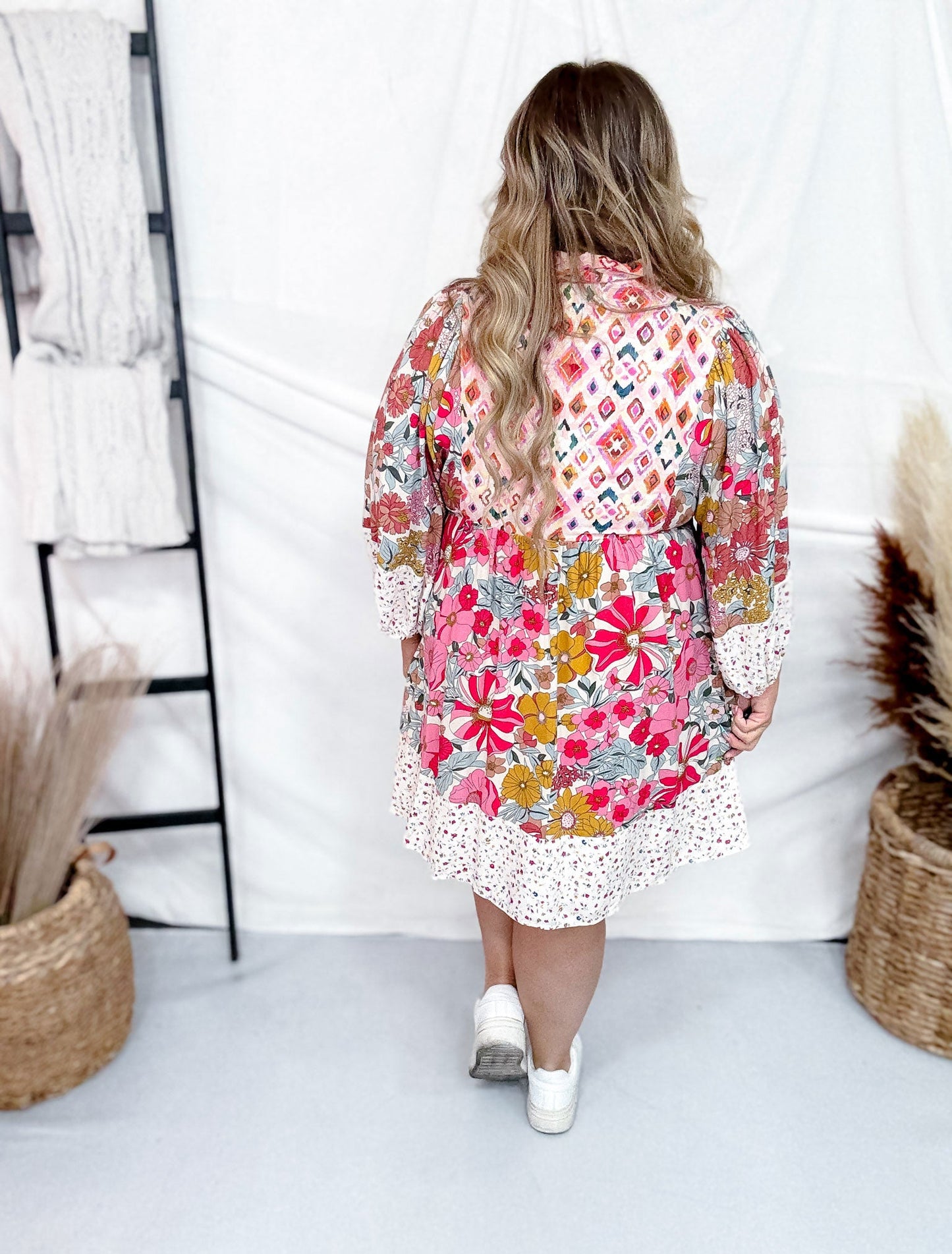 Mix And Match Floral Print Bubble Sleeve Dress - Whiskey Skies - BIBI