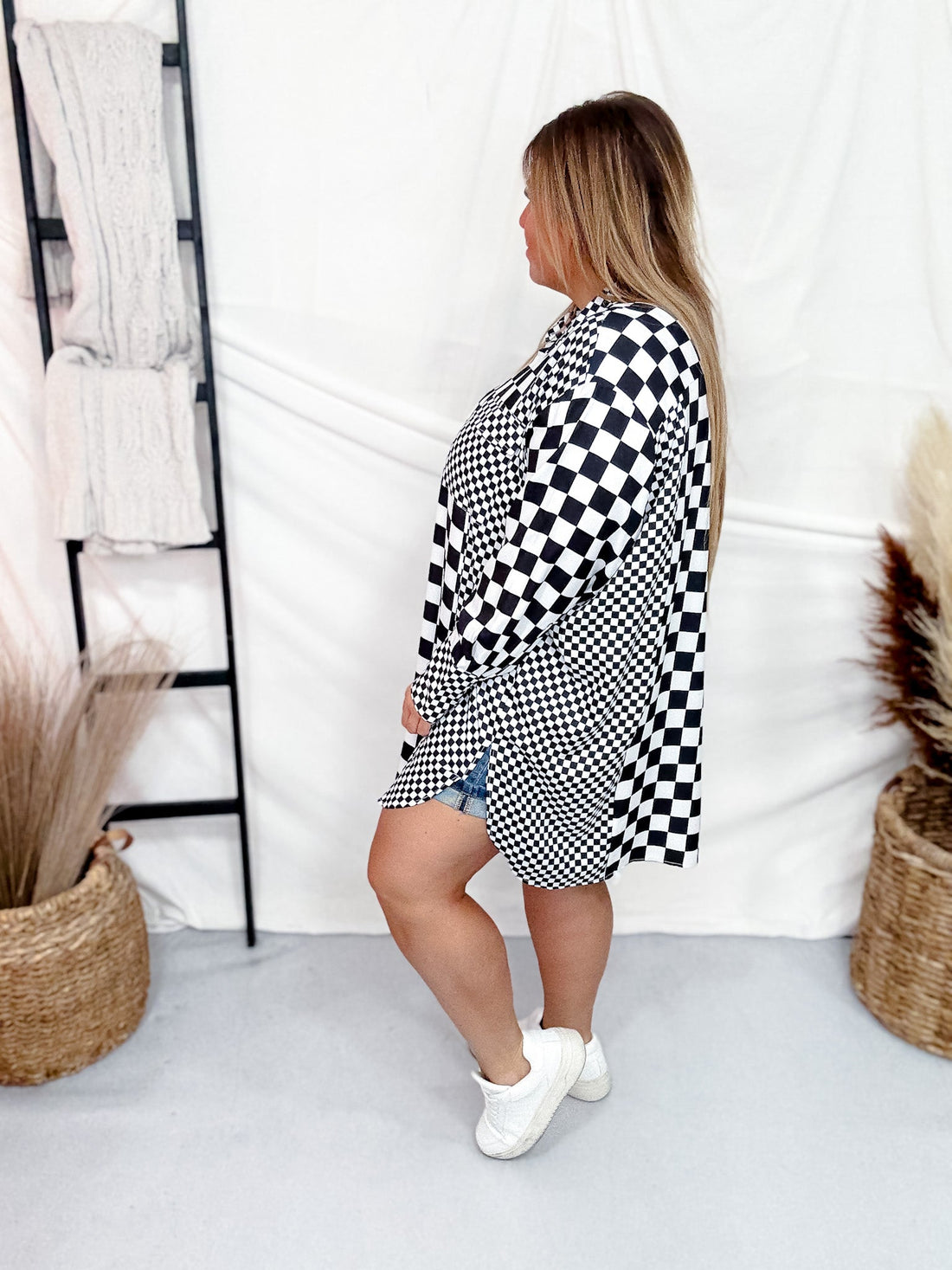 Mixed Black And White Checker Print Long Sleeve Button Up Top - Whiskey Skies - JADE BY JANE