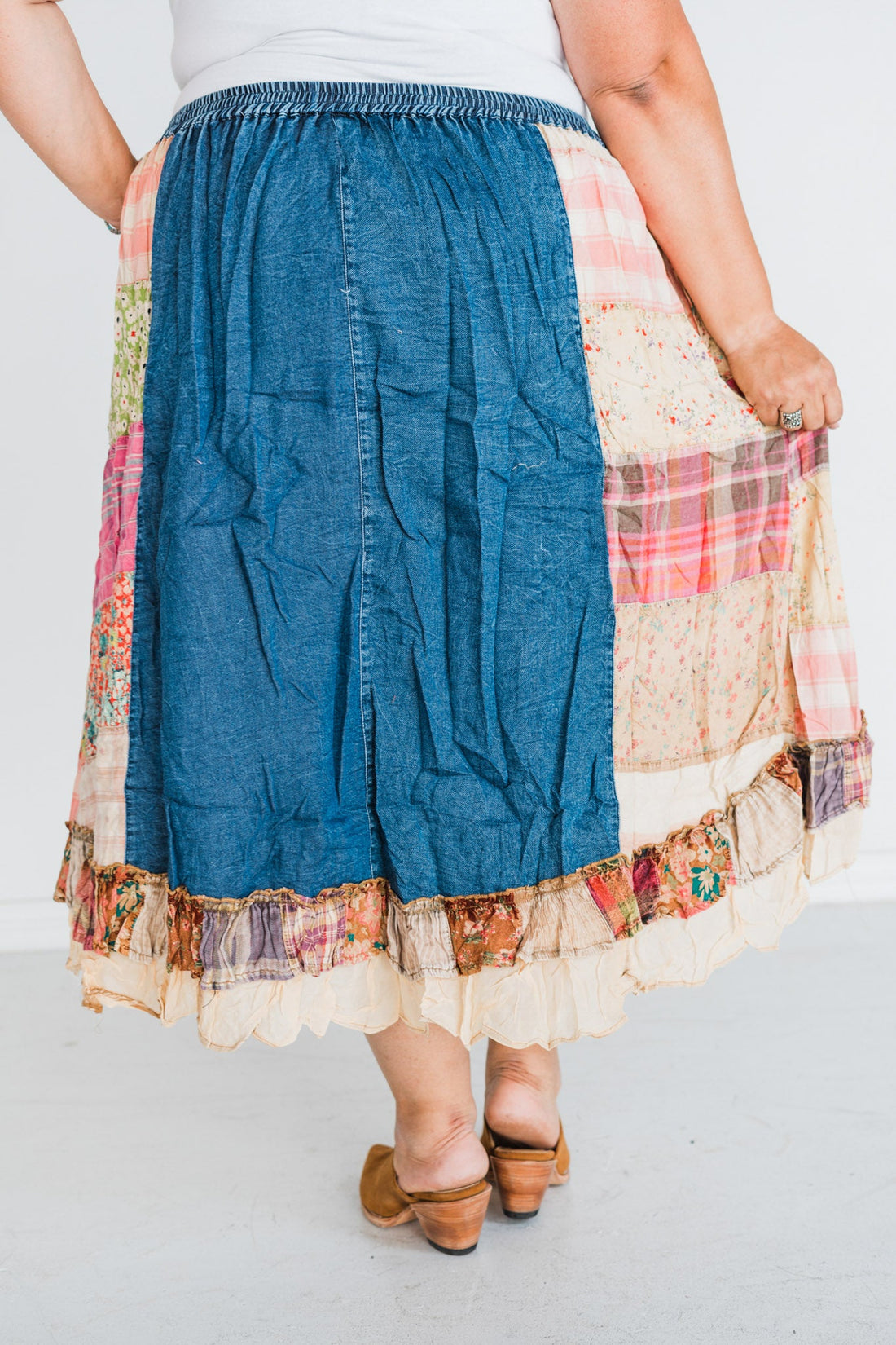 Mixed Denim and Plaid Boho Patch Midi Skirt - Whiskey Skies - YOUNG THREADS