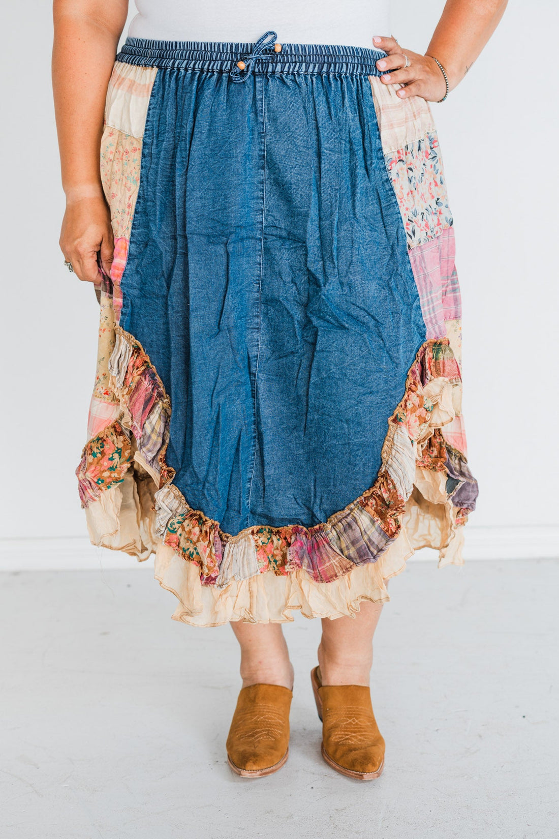 Mixed Denim and Plaid Boho Patch Midi Skirt - Whiskey Skies - YOUNG THREADS