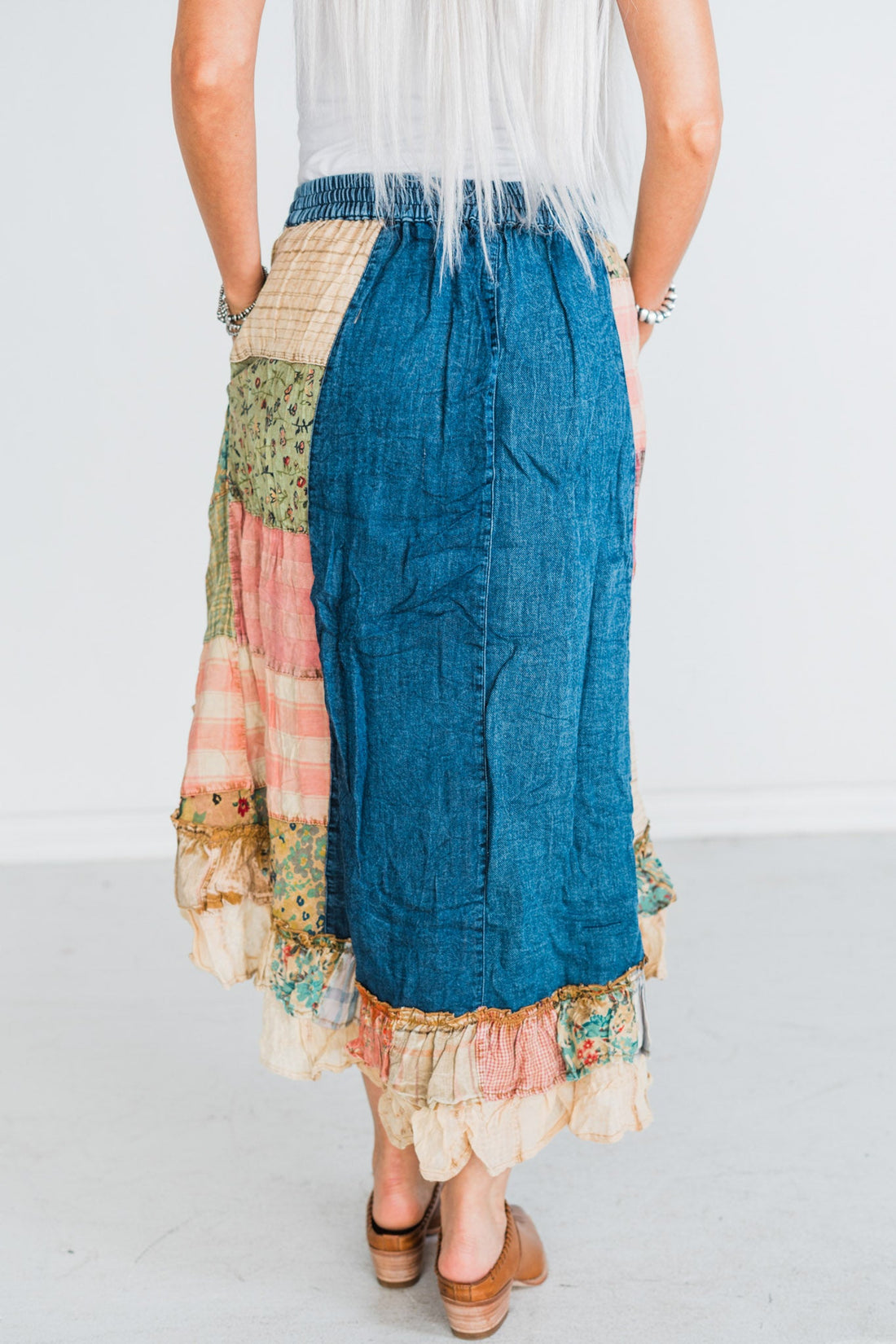 Mixed Denim and Plaid Boho Patch Midi Skirt - Whiskey Skies - YOUNG THREADS
