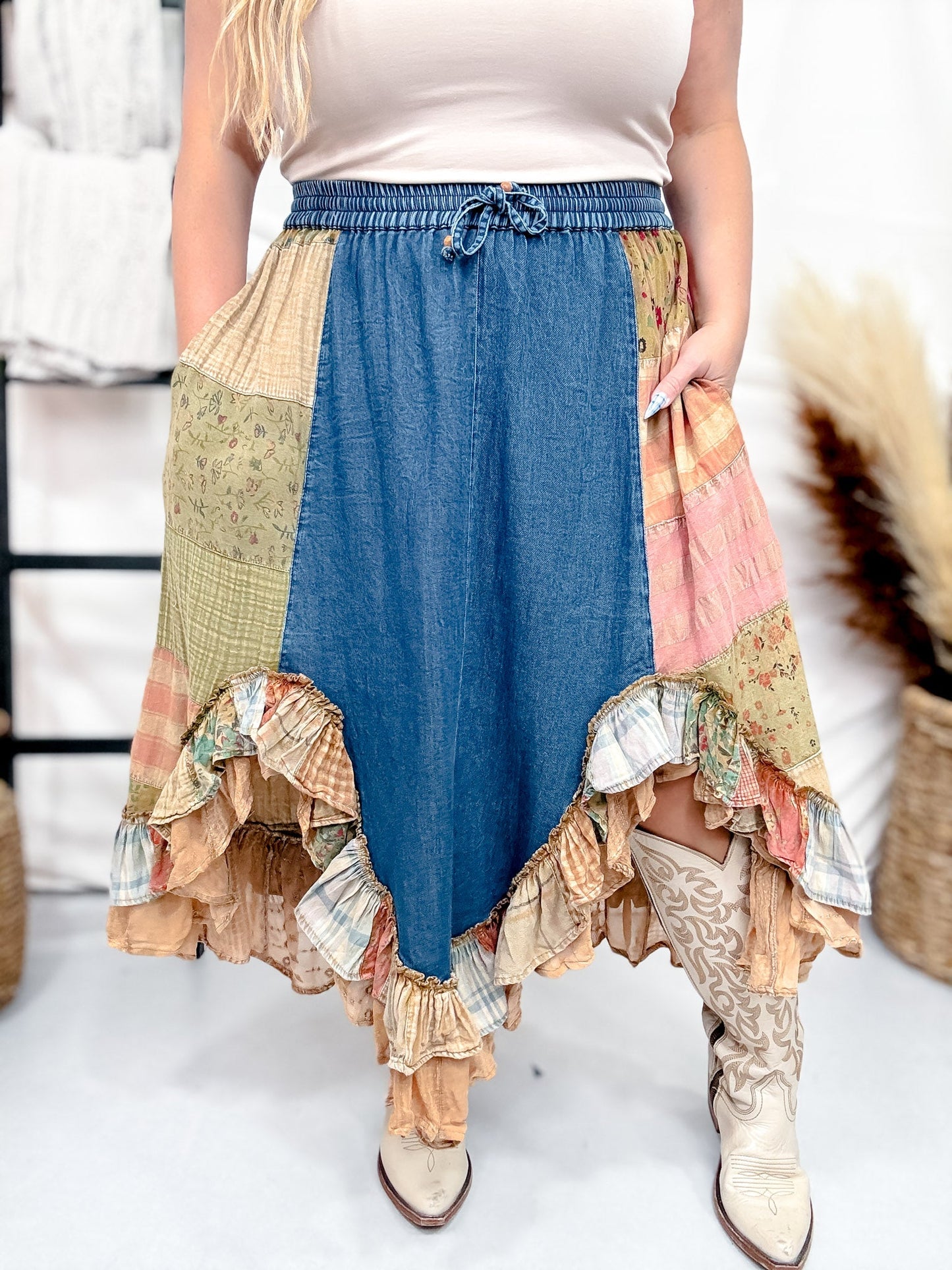 Upcycled Denim Maxi Skirt Plus Size Denim Skirt Quilt Mixed Denim