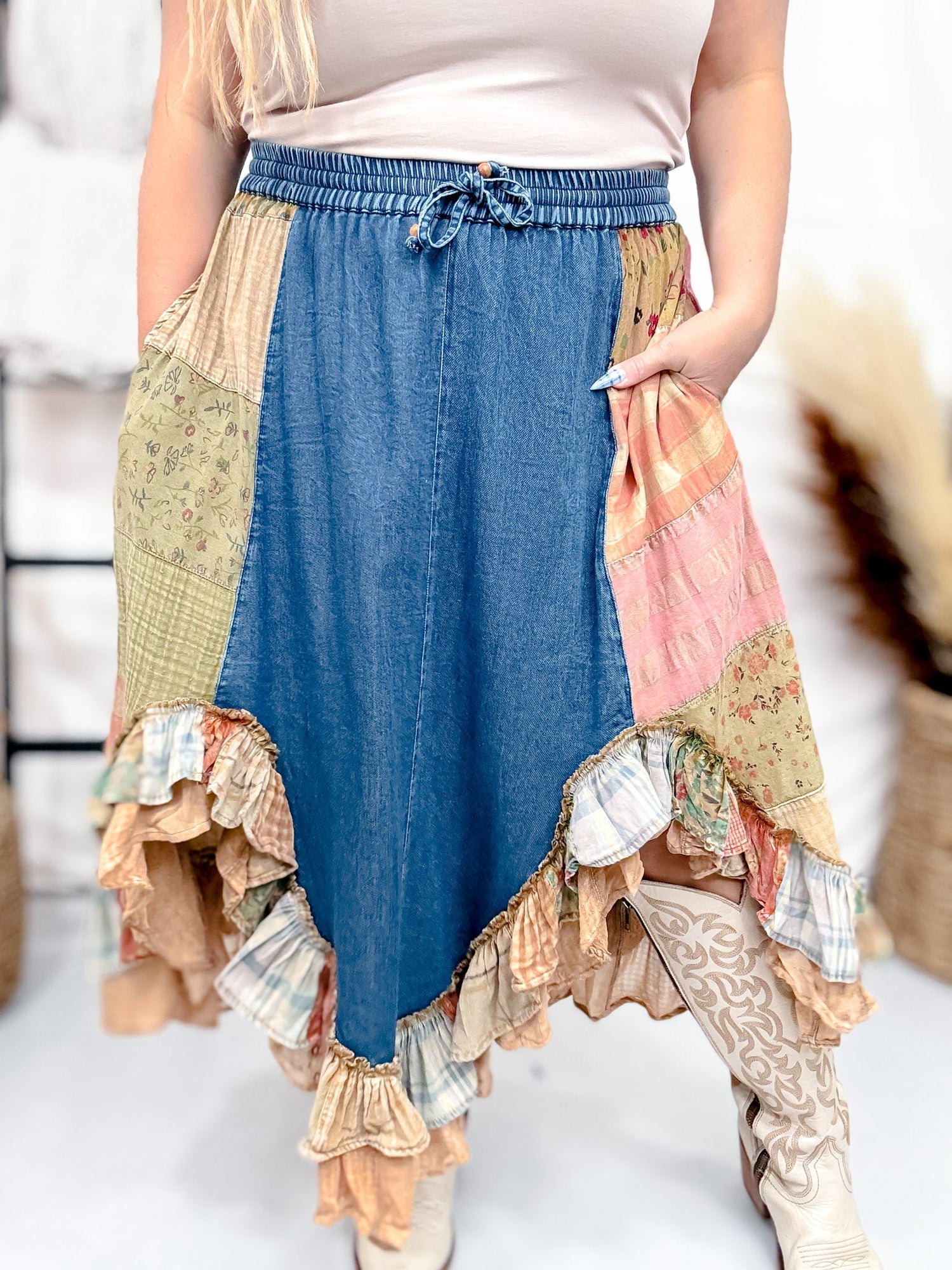 Mixed Denim and Plaid Boho Patch Midi Skirt Whiskey Skies