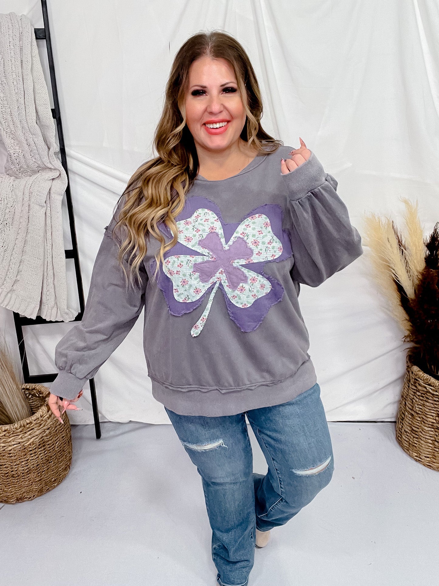 Mixed Fabric Clover Patch Sweatshirt - Whiskey Skies - ODDI