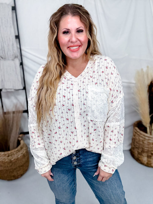 Mixed Fabric Floral Long Sleeve V - Neck Top - Whiskey Skies - J.NNA