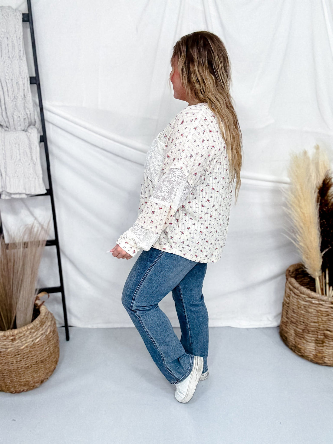 Mixed Fabric Floral Long Sleeve V - Neck Top - Whiskey Skies - J.NNA