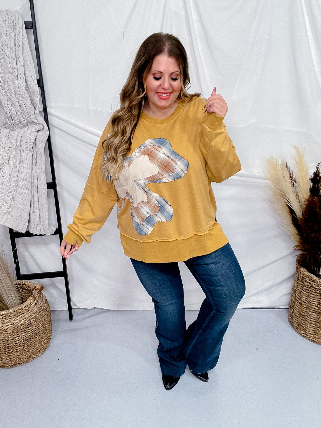 Mixed Fabric Offset Clover Patch Sweatshirt - Whiskey Skies - ODDI