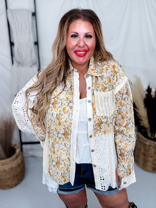 Mixed Floral and Crochet Balloon Sleeve Button Down Top - Whiskey Skies - POL CLOTHING INC.