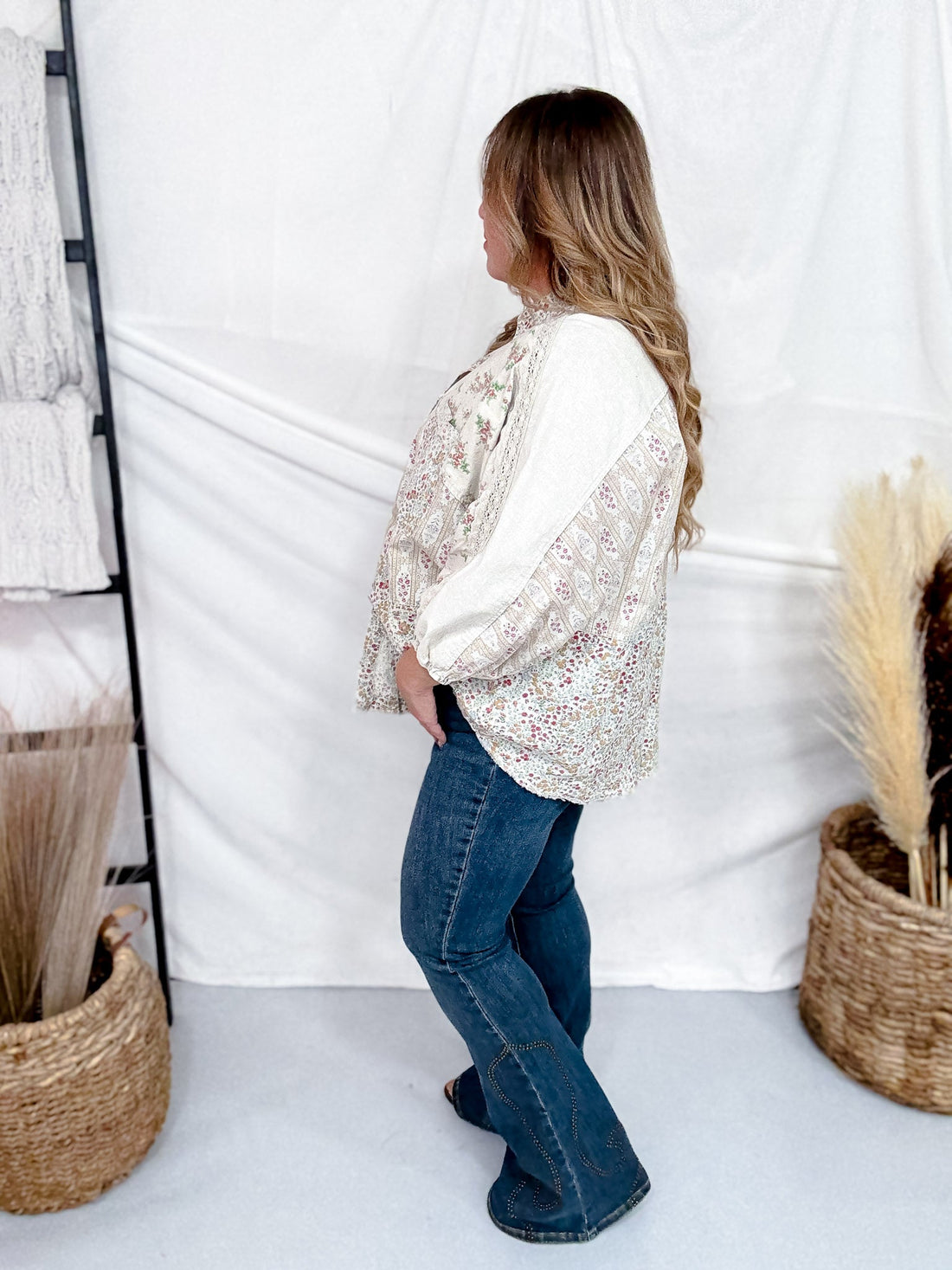 Mixed Floral Patchwork Button Down Shirt In Ecru - Whiskey Skies - EASEL