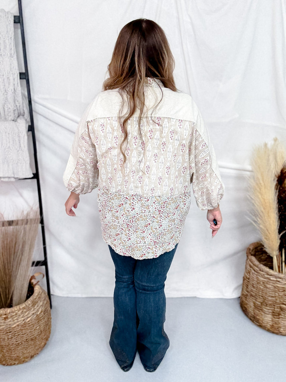 Mixed Floral Patchwork Button Down Shirt In Ecru - Whiskey Skies - EASEL