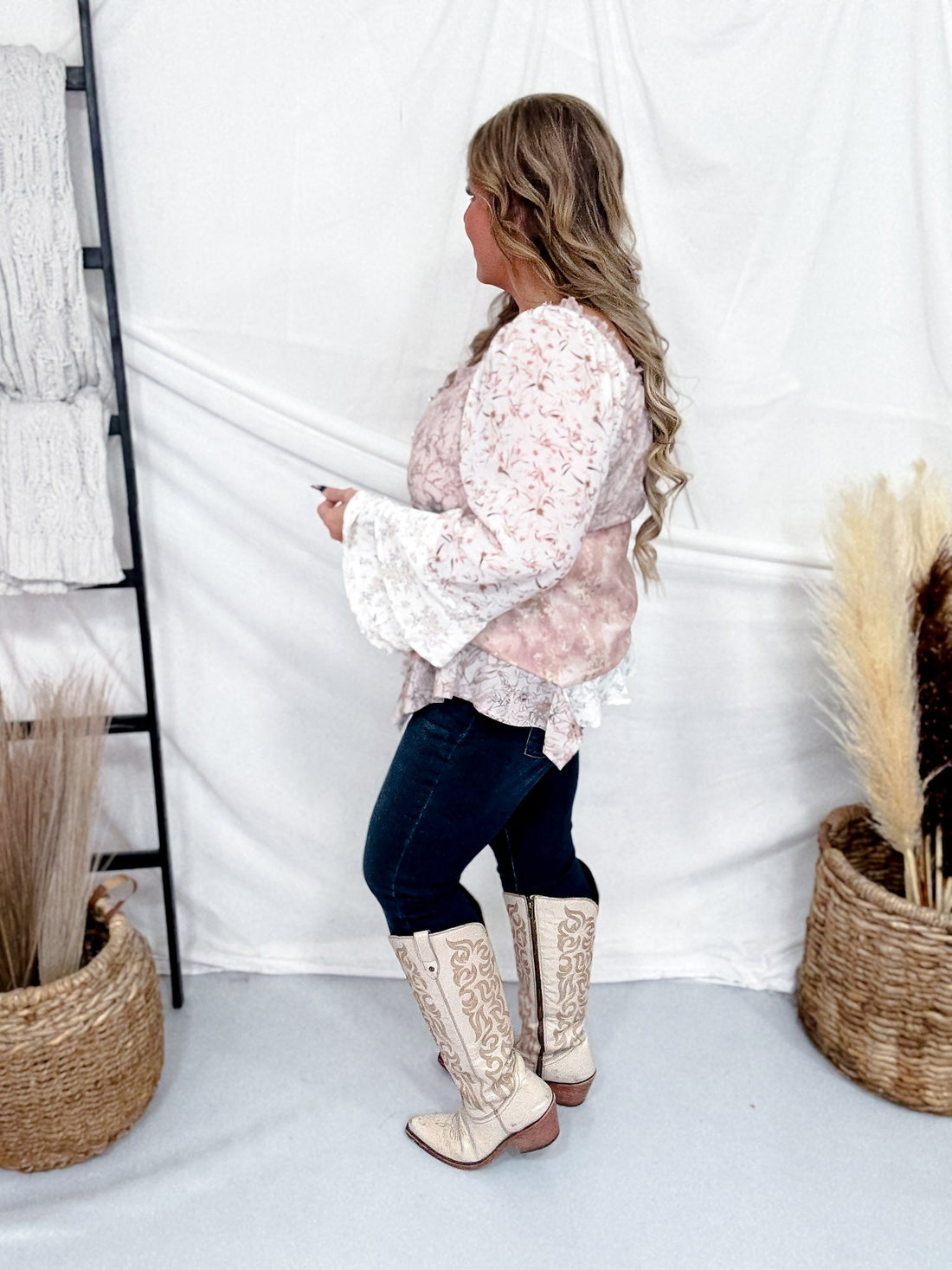 Mixed Floral Print Asymmetrical Top With Ruffle Sleeves - Whiskey Skies - POLAGRAM + BAEVELY