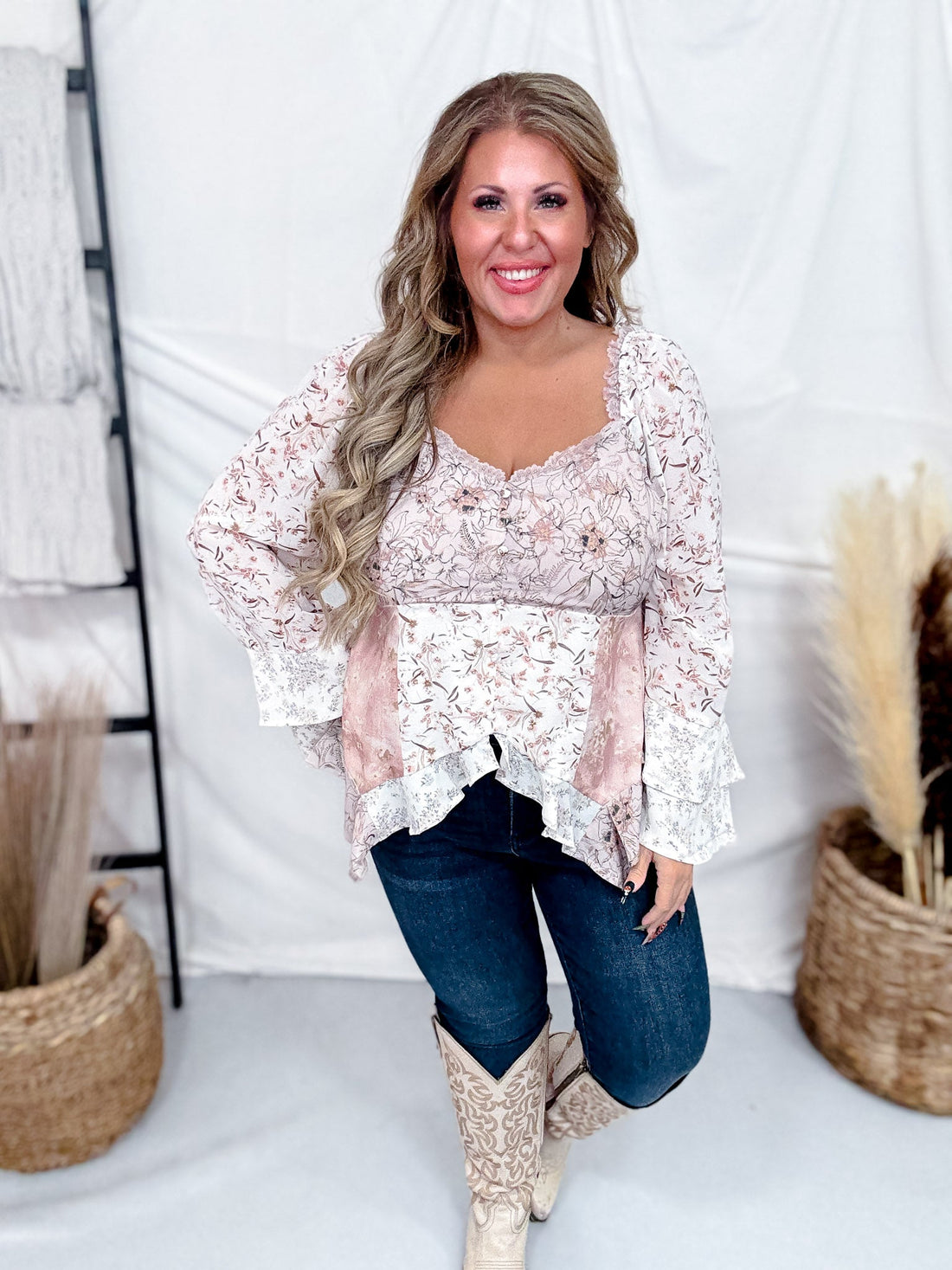 Mixed Floral Print Asymmetrical Top With Ruffle Sleeves - Whiskey Skies - POLAGRAM + BAEVELY