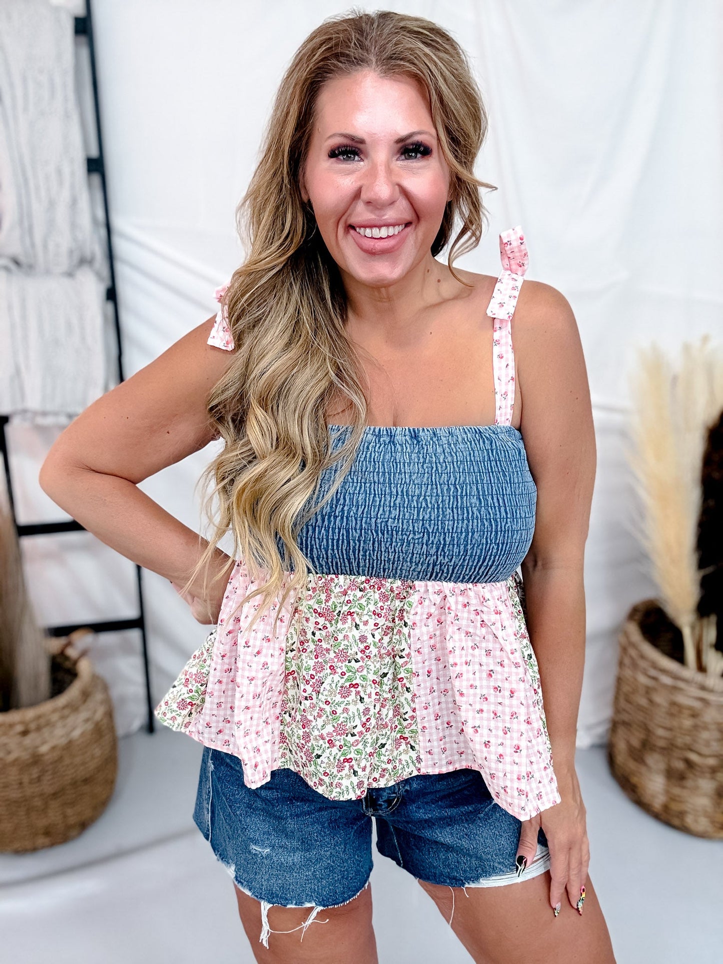Mixed Floral Print Babydoll Top With Smocked Bodice & Tie Straps - Whiskey Skies - J.NNA