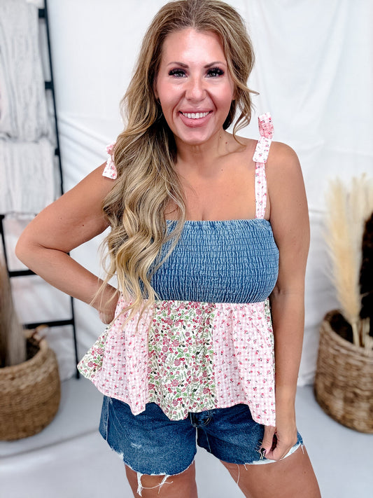 Mixed Floral Print Babydoll Top With Smocked Bodice & Tie Straps - Whiskey Skies - J.NNA