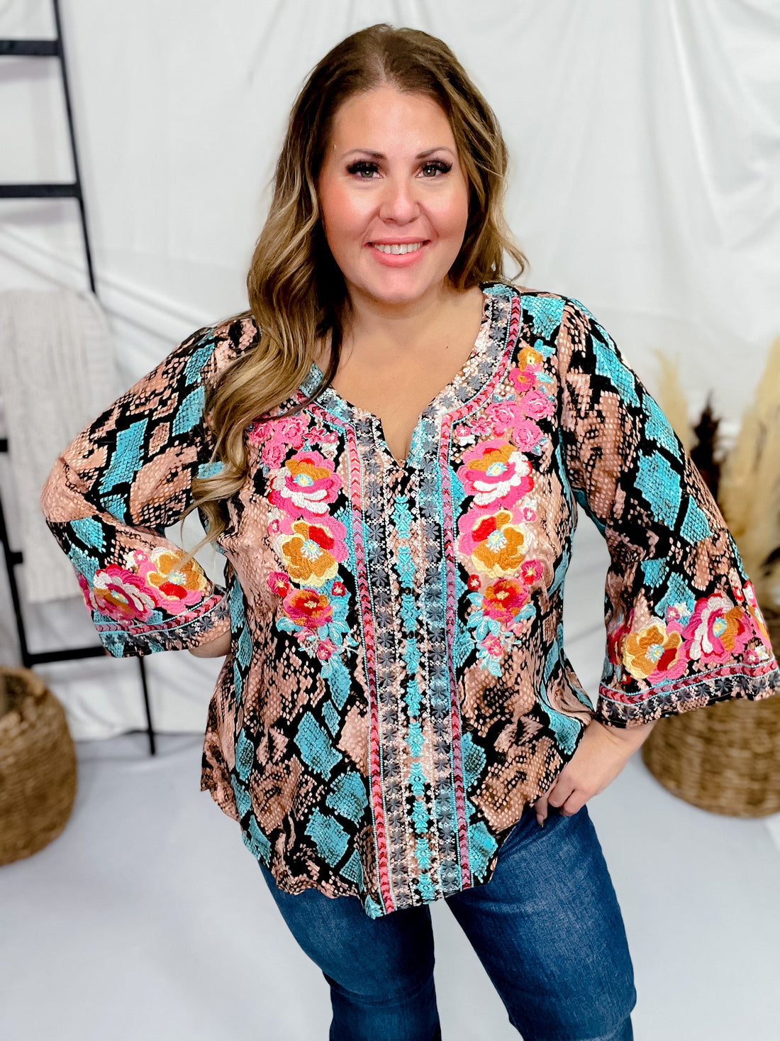 Mixed Floral Print Bell Sleeve Top - Whiskey Skies - ANDREE BY UNIT