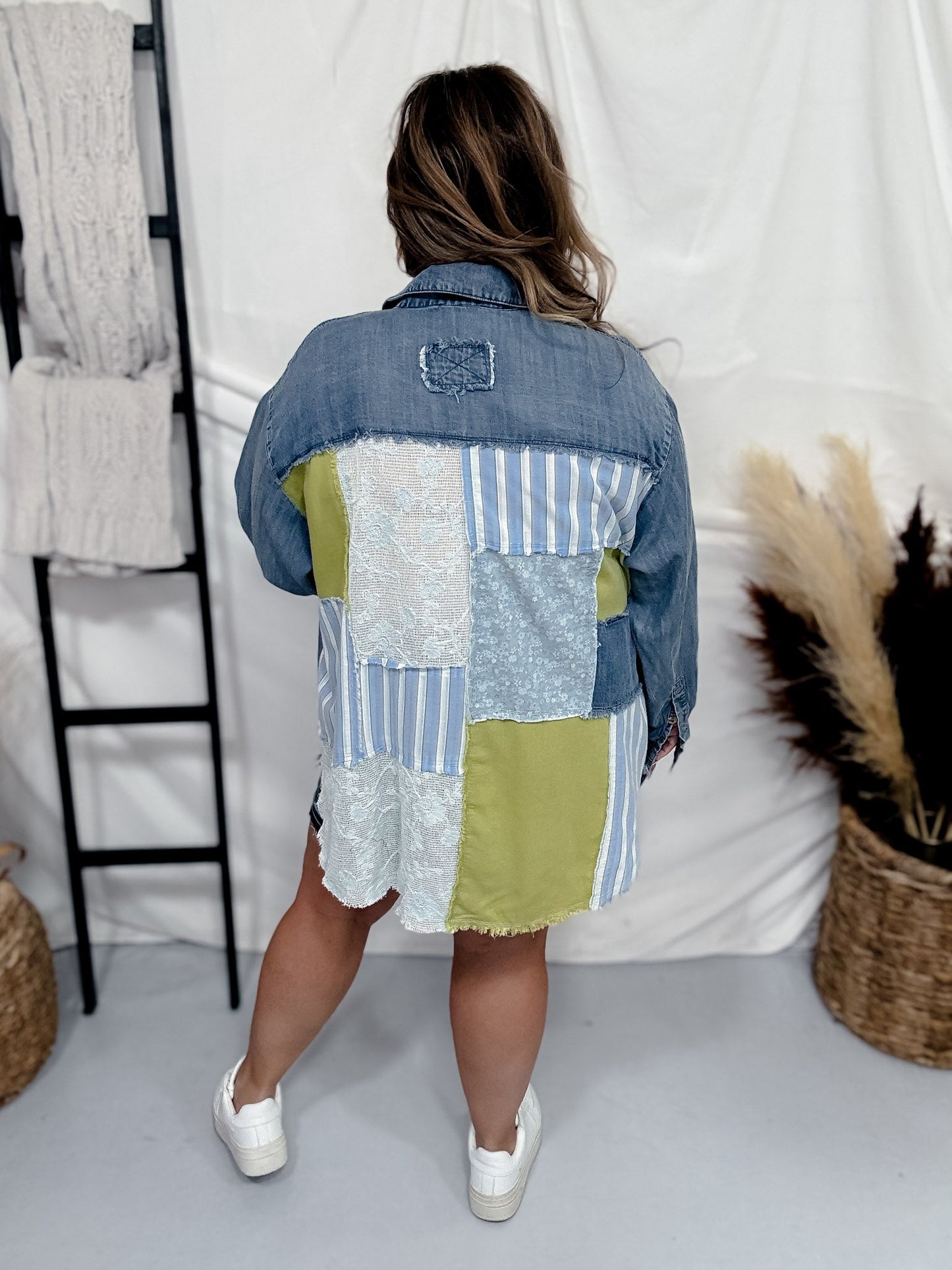 Mixed Material Button Front Long Sleeve Top - Whiskey Skies - EASEL
