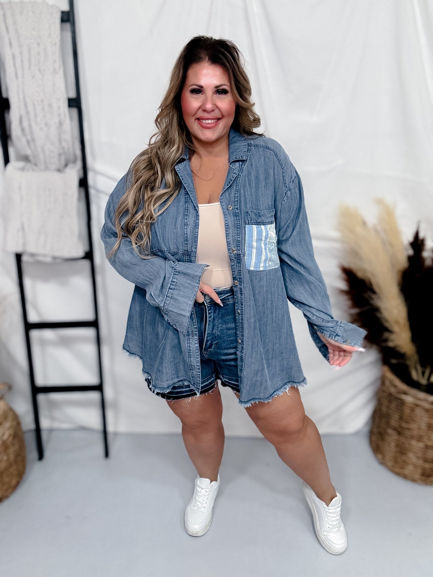 Mixed Material Button Front Long Sleeve Top - Whiskey Skies - EASEL