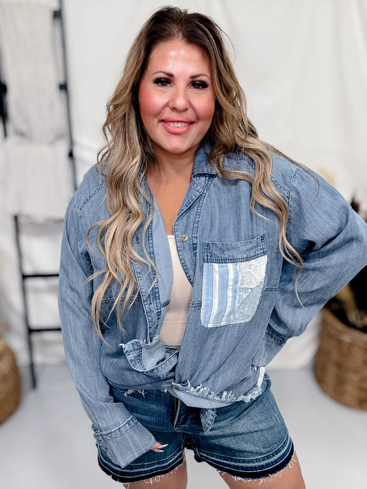 Mixed Material Button Front Long Sleeve Top - Whiskey Skies - EASEL