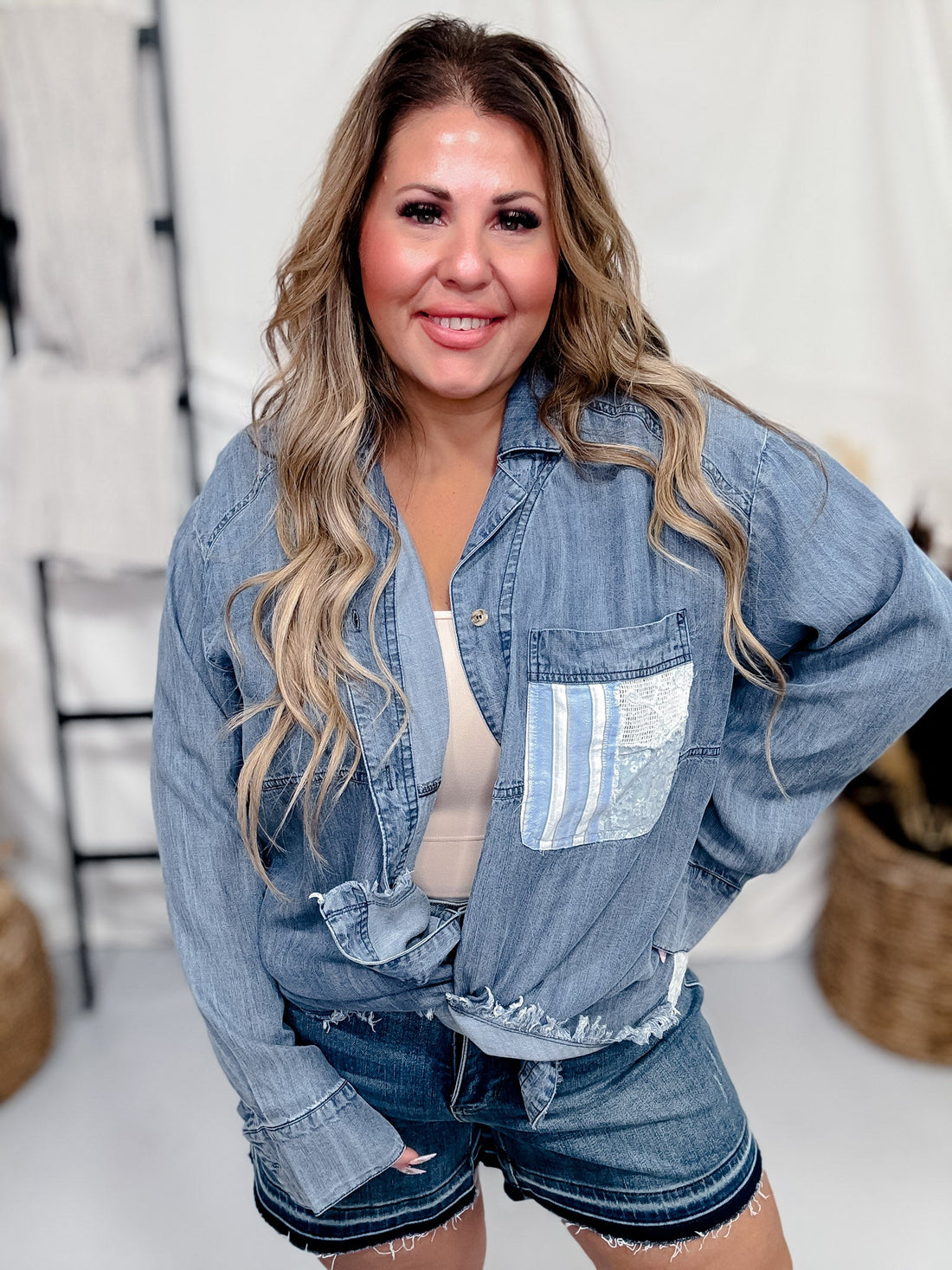 Mixed Material Button Front Long Sleeve Top - Whiskey Skies - EASEL