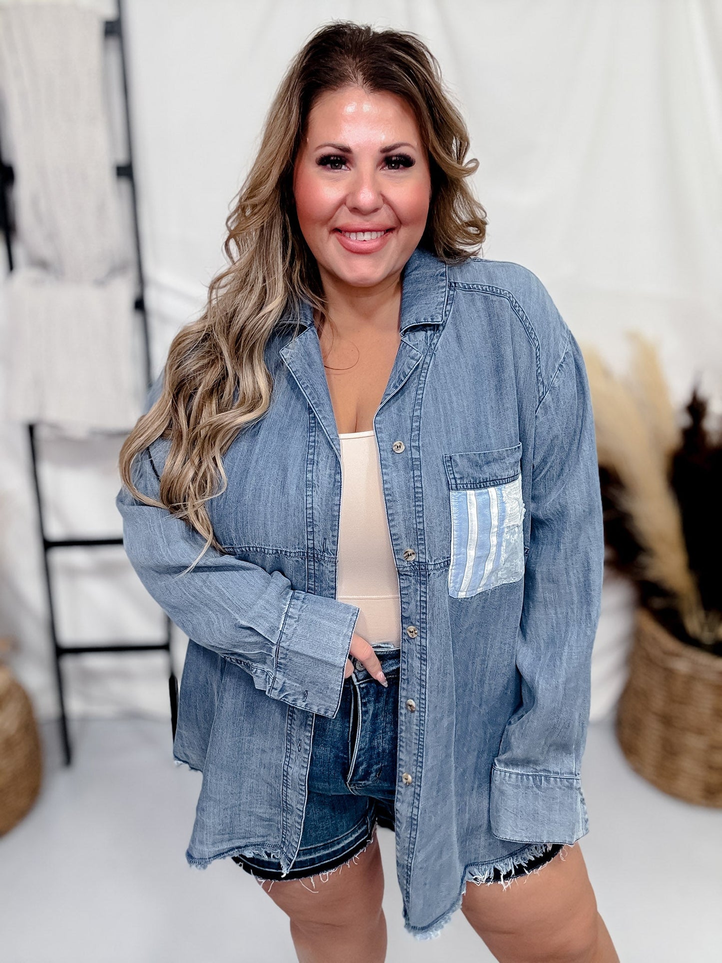Mixed Material Button Front Long Sleeve Top - Whiskey Skies - EASEL