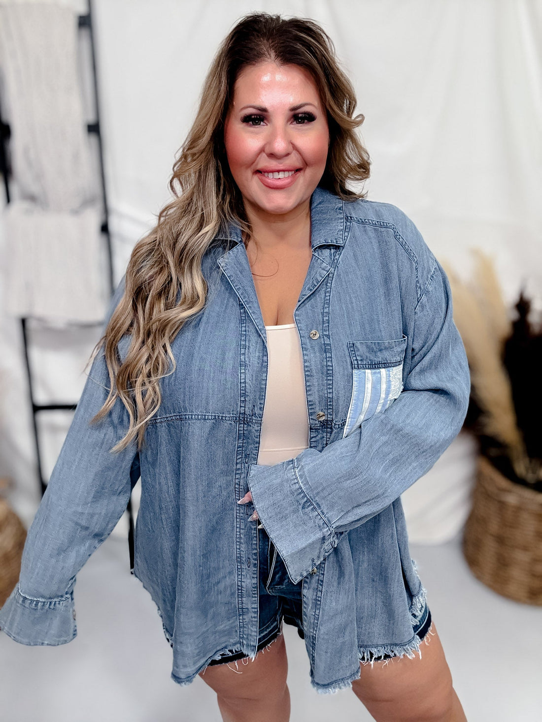 Mixed Material Button Front Long Sleeve Top - Whiskey Skies - EASEL