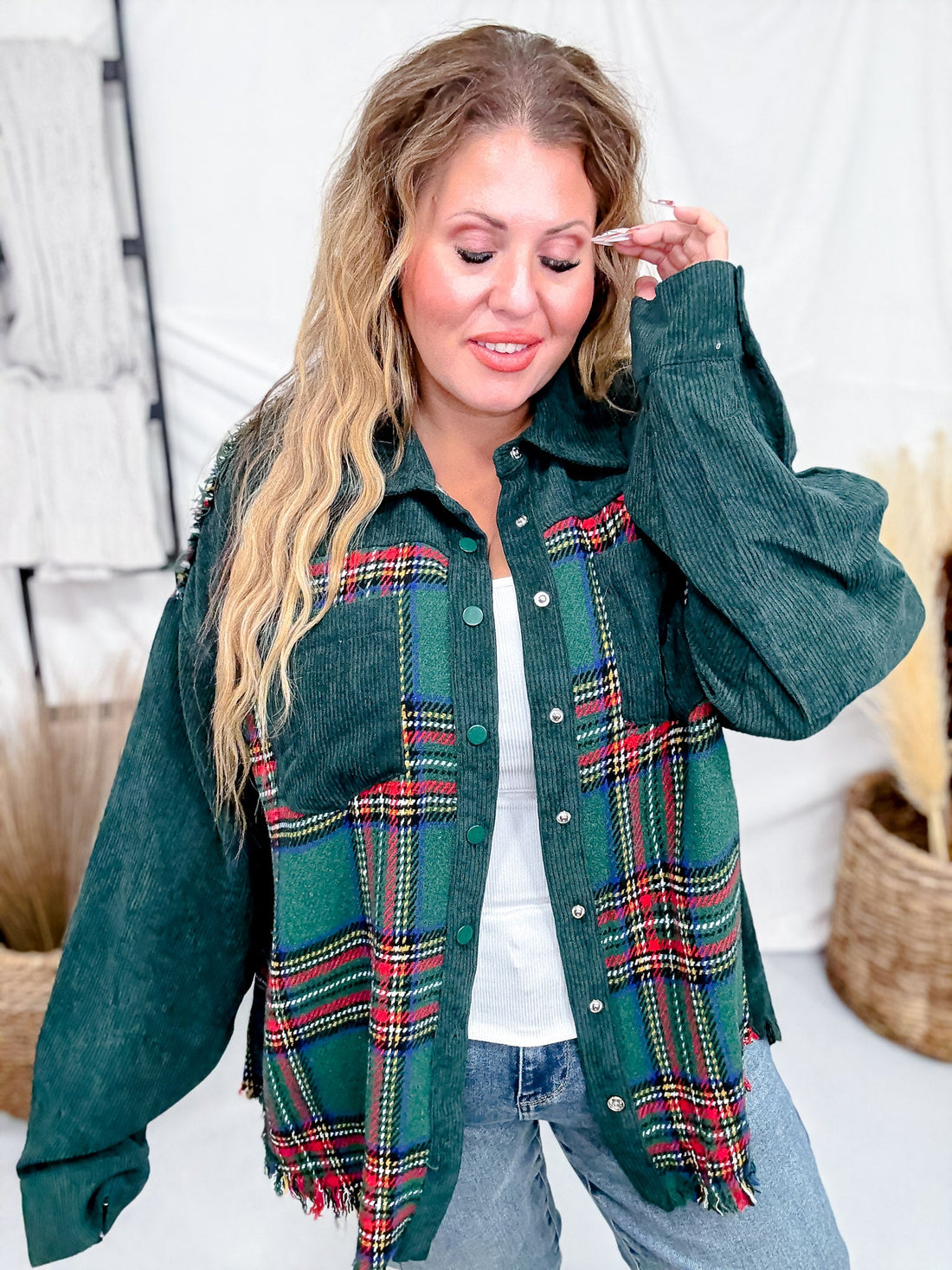 Mixed Plaid And Corduroy Shacket With Frayed Hems - Whiskey Skies - JADE BY JANE