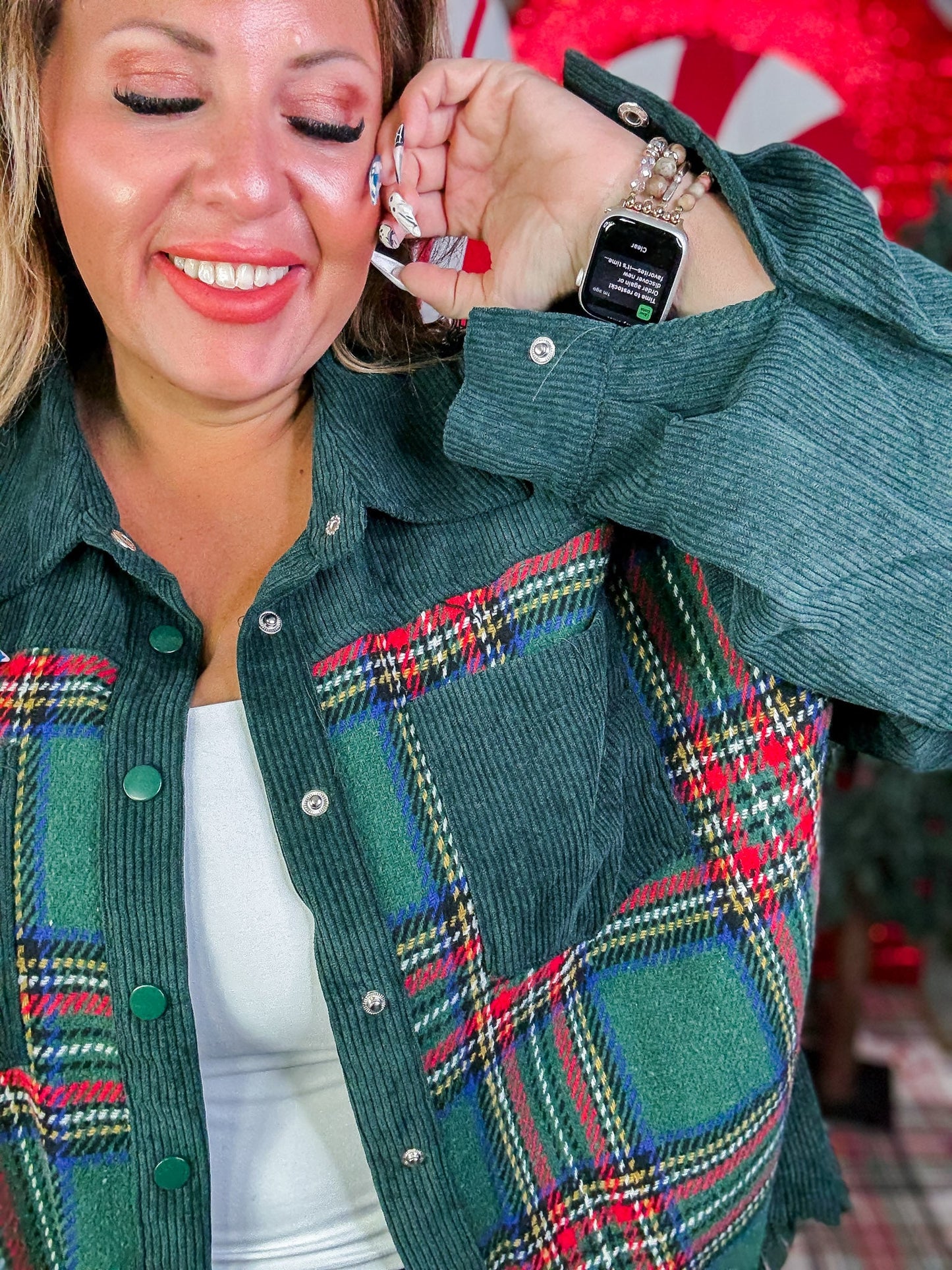 Mixed Plaid And Corduroy Shacket With Frayed Hems - Whiskey Skies - JADE BY JANE