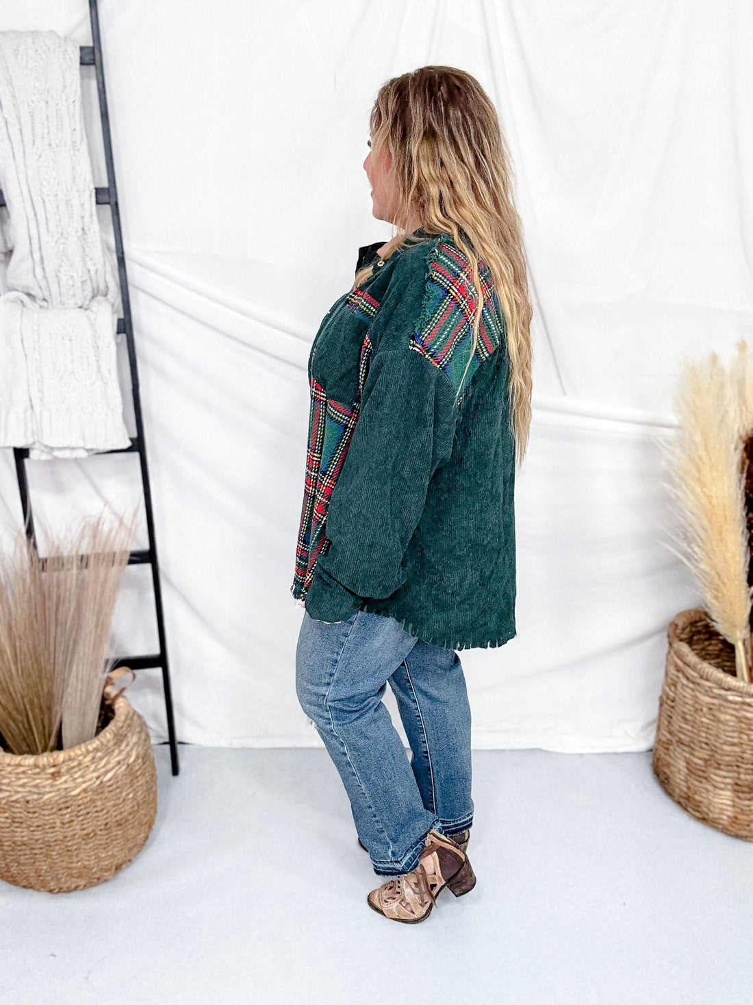 Mixed Plaid And Corduroy Shacket With Frayed Hems - Whiskey Skies - JADE BY JANE