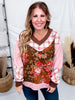 Mixed Plaid & Floral Print V - Neck Long Sleeve Top - Whiskey Skies - ODDI