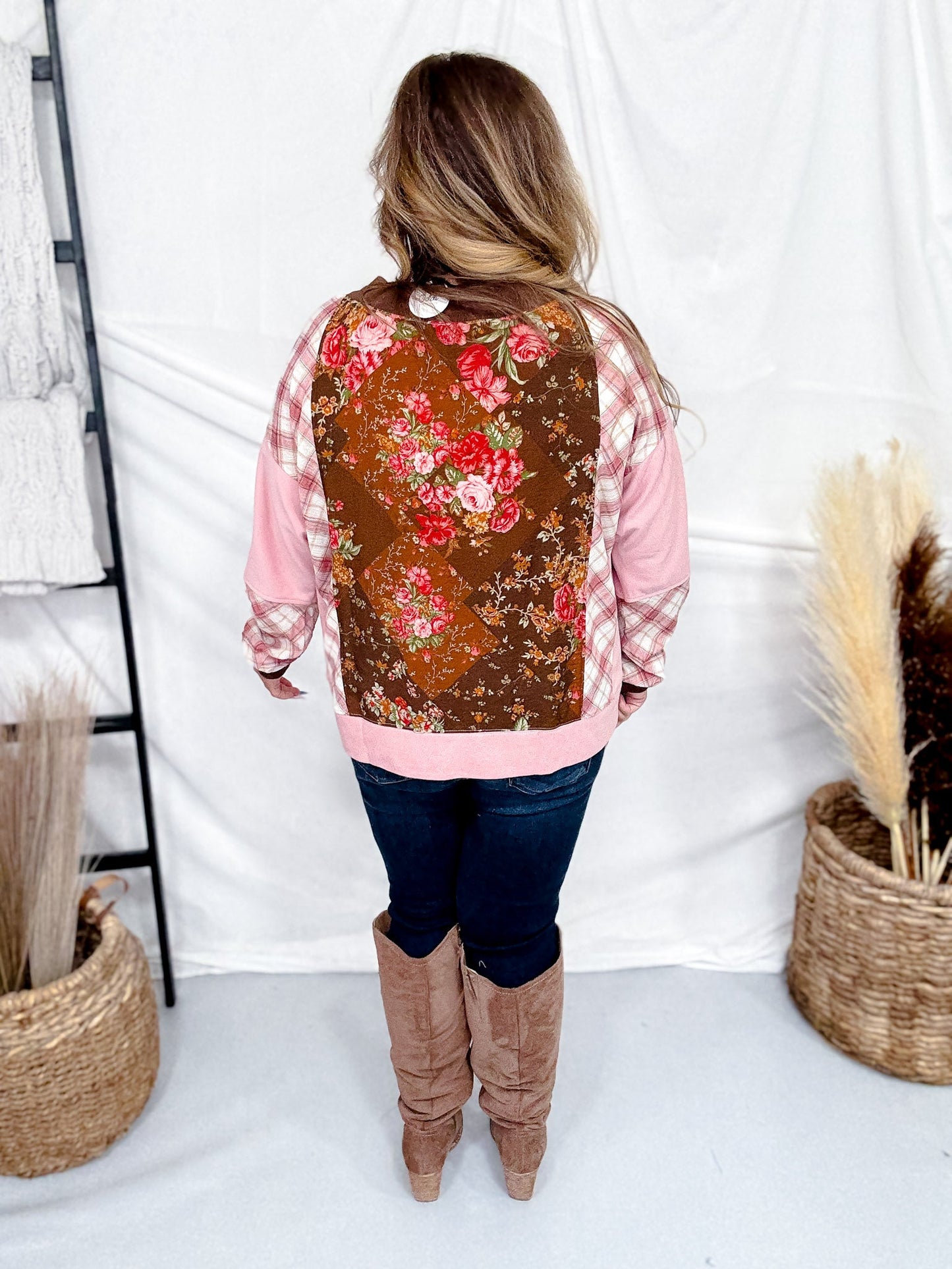 Mixed Plaid & Floral Print V - Neck Long Sleeve Top - Whiskey Skies - ODDI