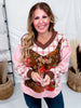 Mixed Plaid & Floral Print V - Neck Long Sleeve Top - Whiskey Skies - ODDI