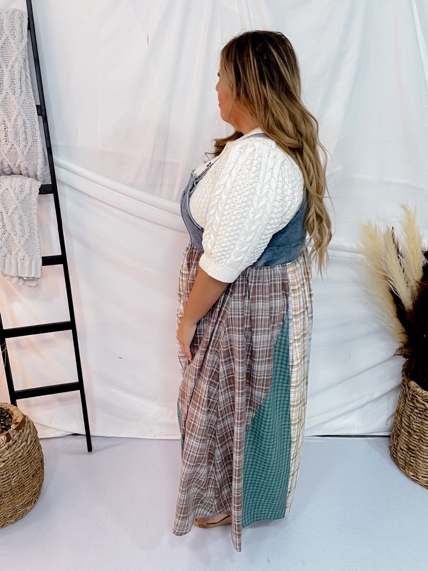 Mixed Plaid Overall Maxi Dress - Whiskey Skies - ODDI