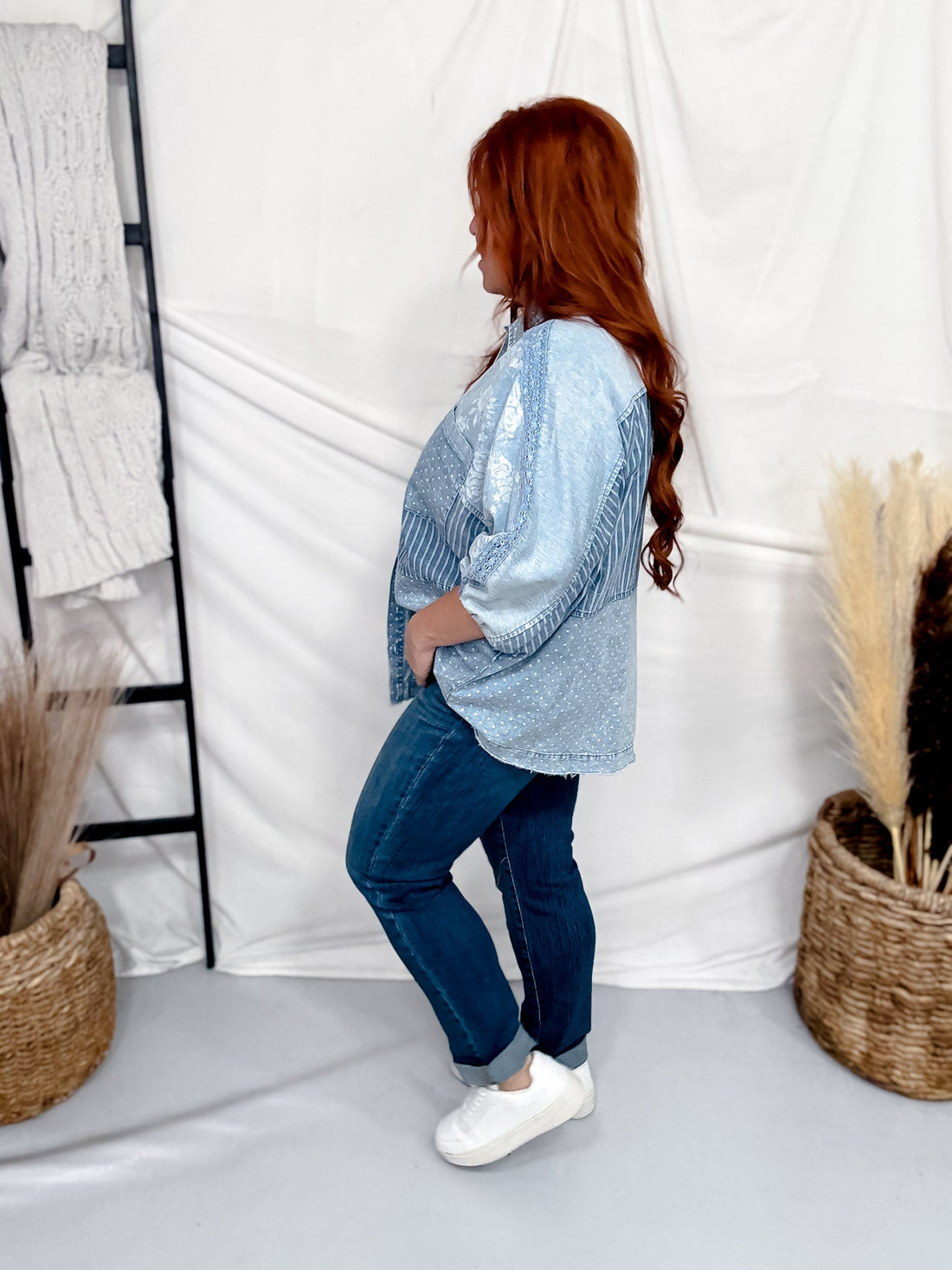 Mixed Print Button Front Chambray Top With Dolman Sleeves - Whiskey Skies - EASEL