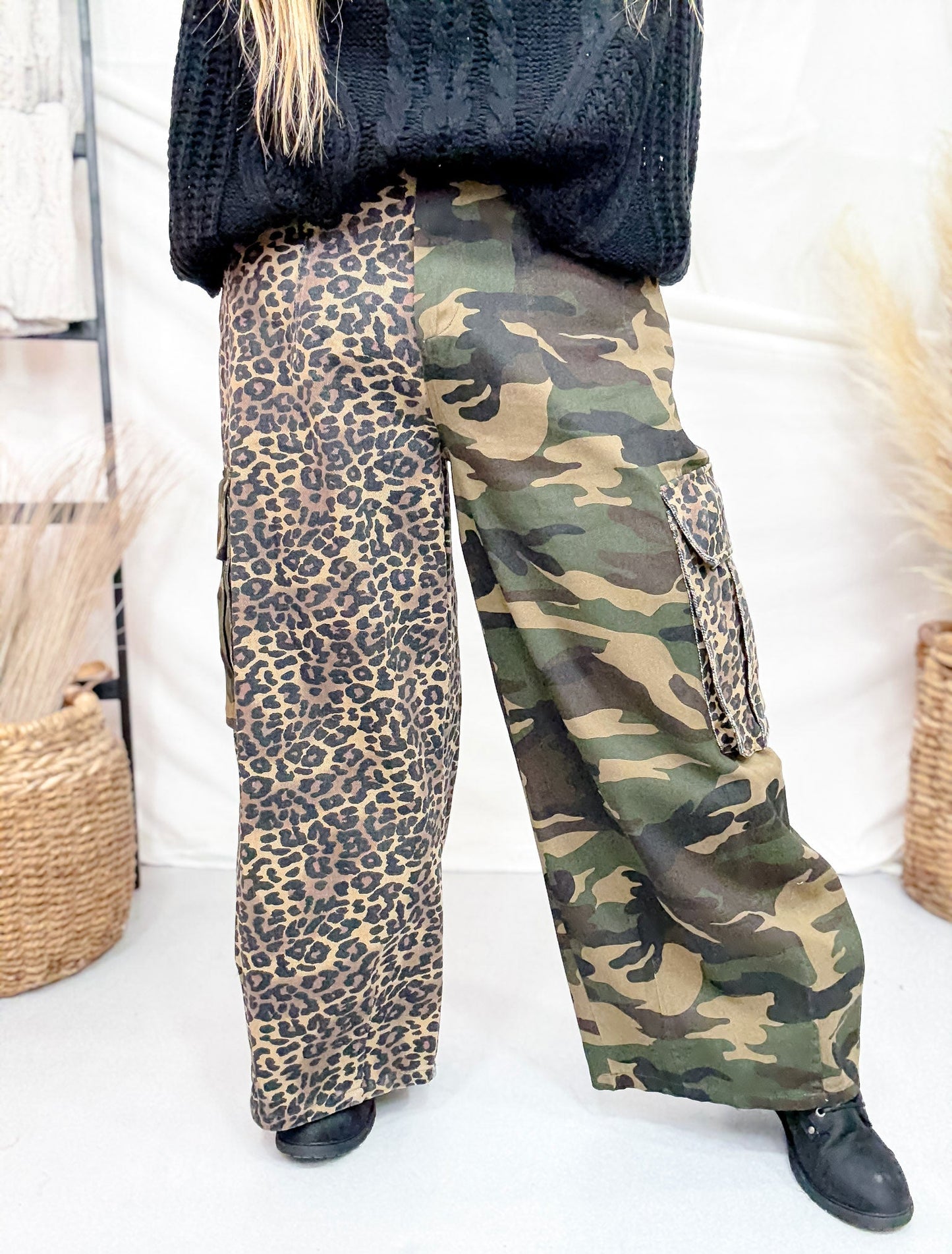 Mixed Print Leopard and Camo Cargo Pants - Whiskey Skies - BIBI