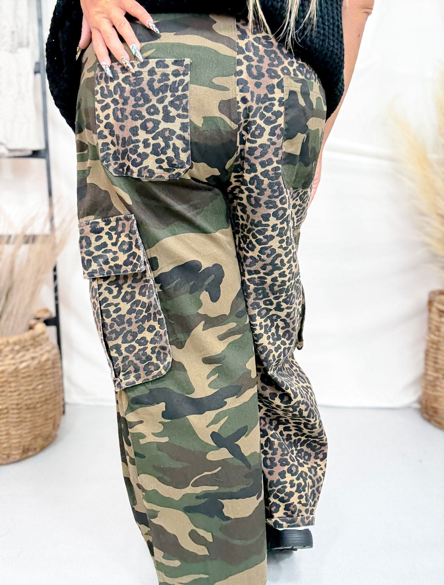 Mixed Print Leopard and Camo Cargo Pants - Whiskey Skies - BIBI