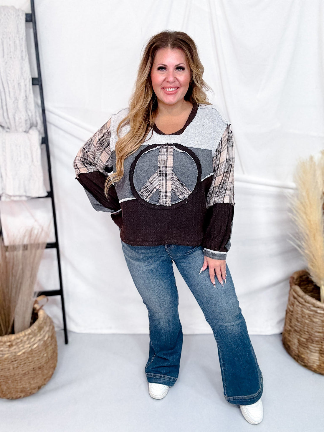 Mixed Print Patchwork Peace Sign Midi Sweater - Whiskey Skies - POL CLOTHING INC.