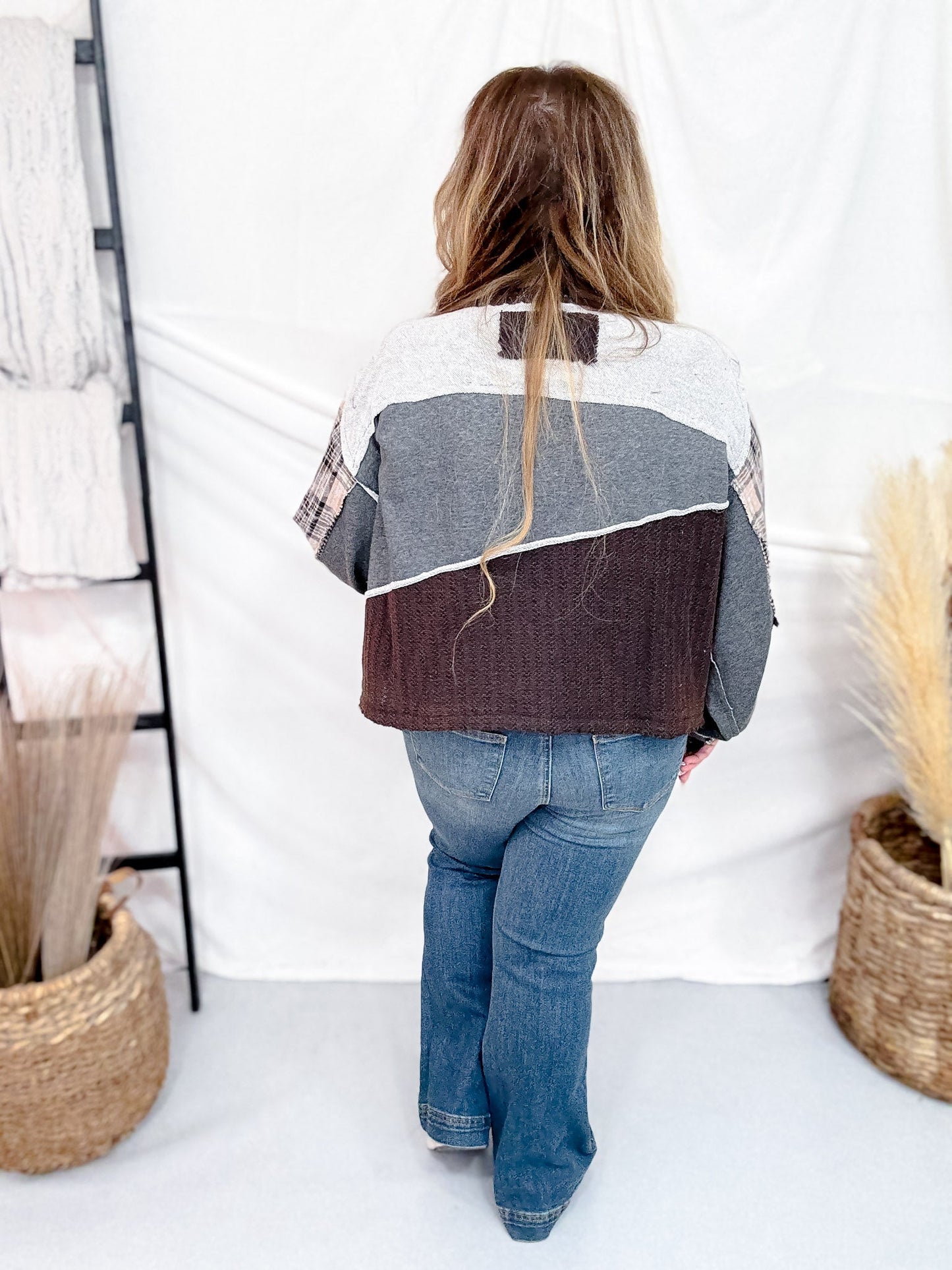 Mixed Print Patchwork Peace Sign Midi Sweater - Whiskey Skies - POL CLOTHING INC.