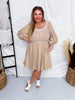 Mixed Sweater Dress with Scalloped Neckline in Tan - Whiskey Skies - POLAGRAM + BAEVELY