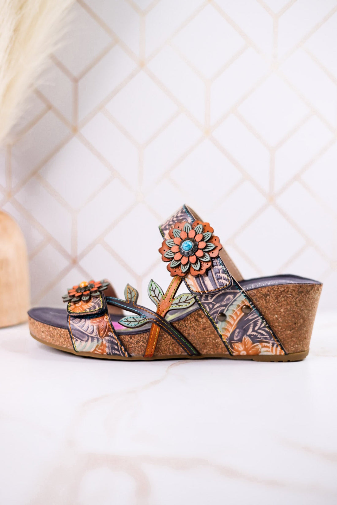 Moai Hand-Painted Leather Wedge Sandals - Whiskey Skies - SPRING FOOTWEAR