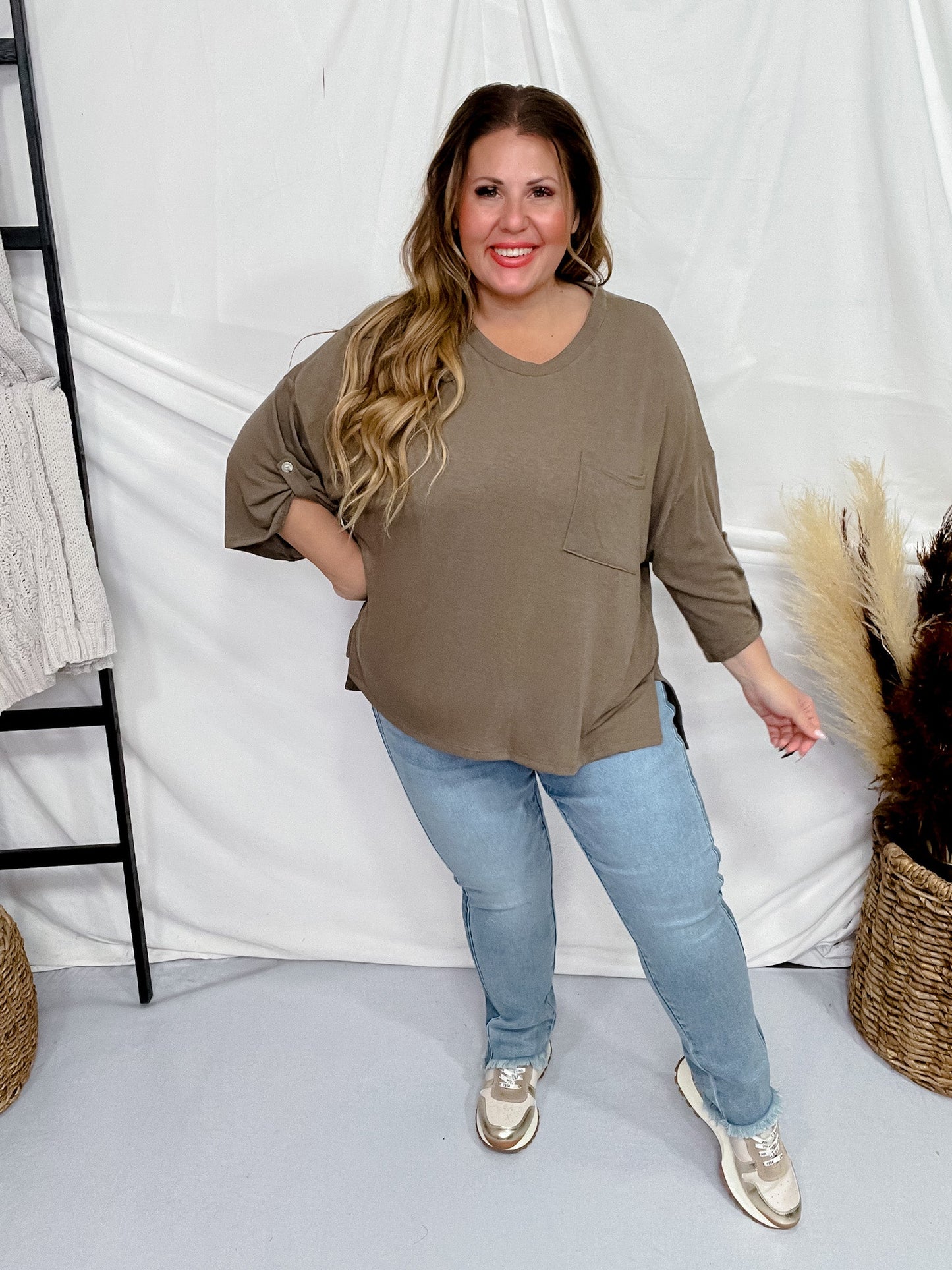 Mocha 3/4 Sleeve Boxy Top - Whiskey Skies - ANDREE BY UNIT