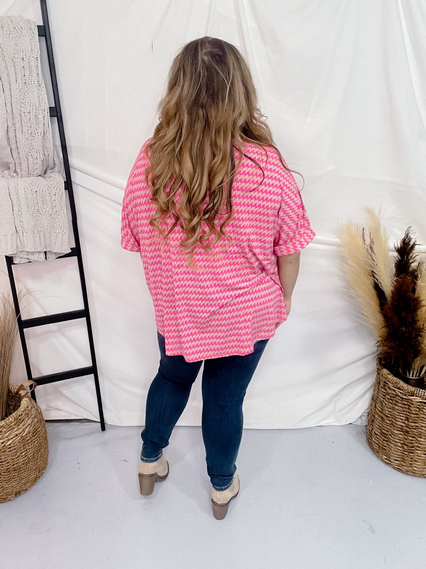 Mocha and Pink Patterned Dolman Sleeve Boyfriend Top - Whiskey Skies - DEAR SCARLETT