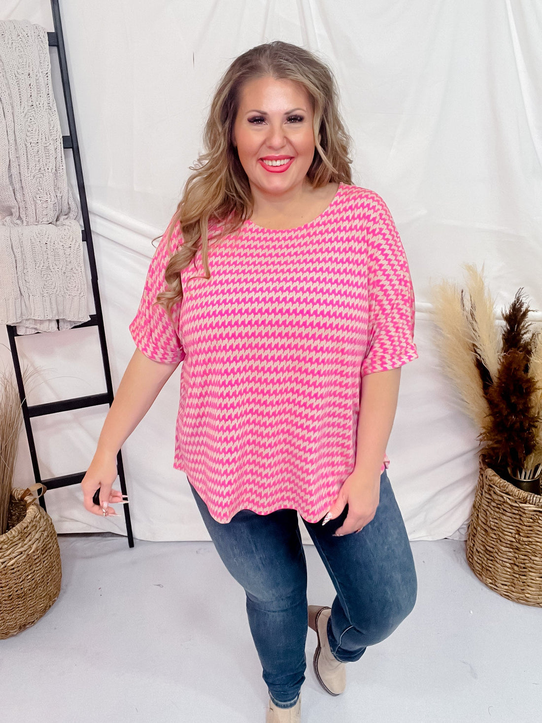 Mocha and Pink Patterned Dolman Sleeve Boyfriend Top - Whiskey Skies - DEAR SCARLETT